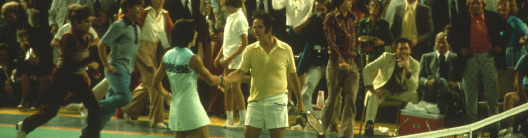 Billie Jean King mid-swing during the Battle of the Sexes tennis match